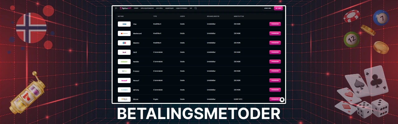 Betalingsmetoder hos spinsup casino