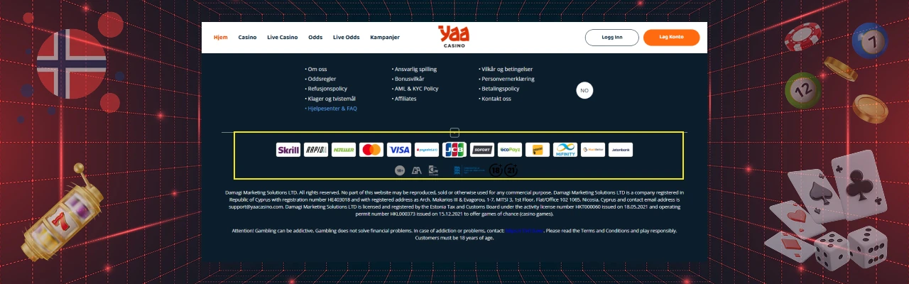 Betalingsmetoder hos yaa casino