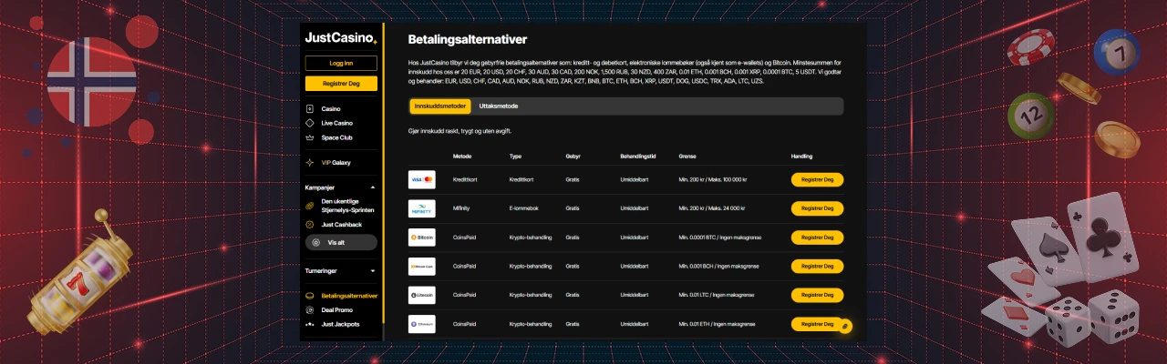 Justcasino betalingsmetoder