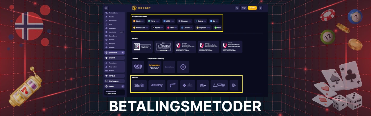 Betalingsmetoder hos roobet casino